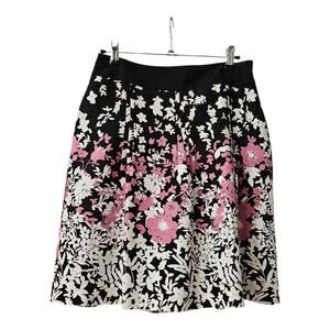 Ann Taylor Skirt 6 Petite Black Pink Cream Floral Pleated A-Line Hidden Side Zip